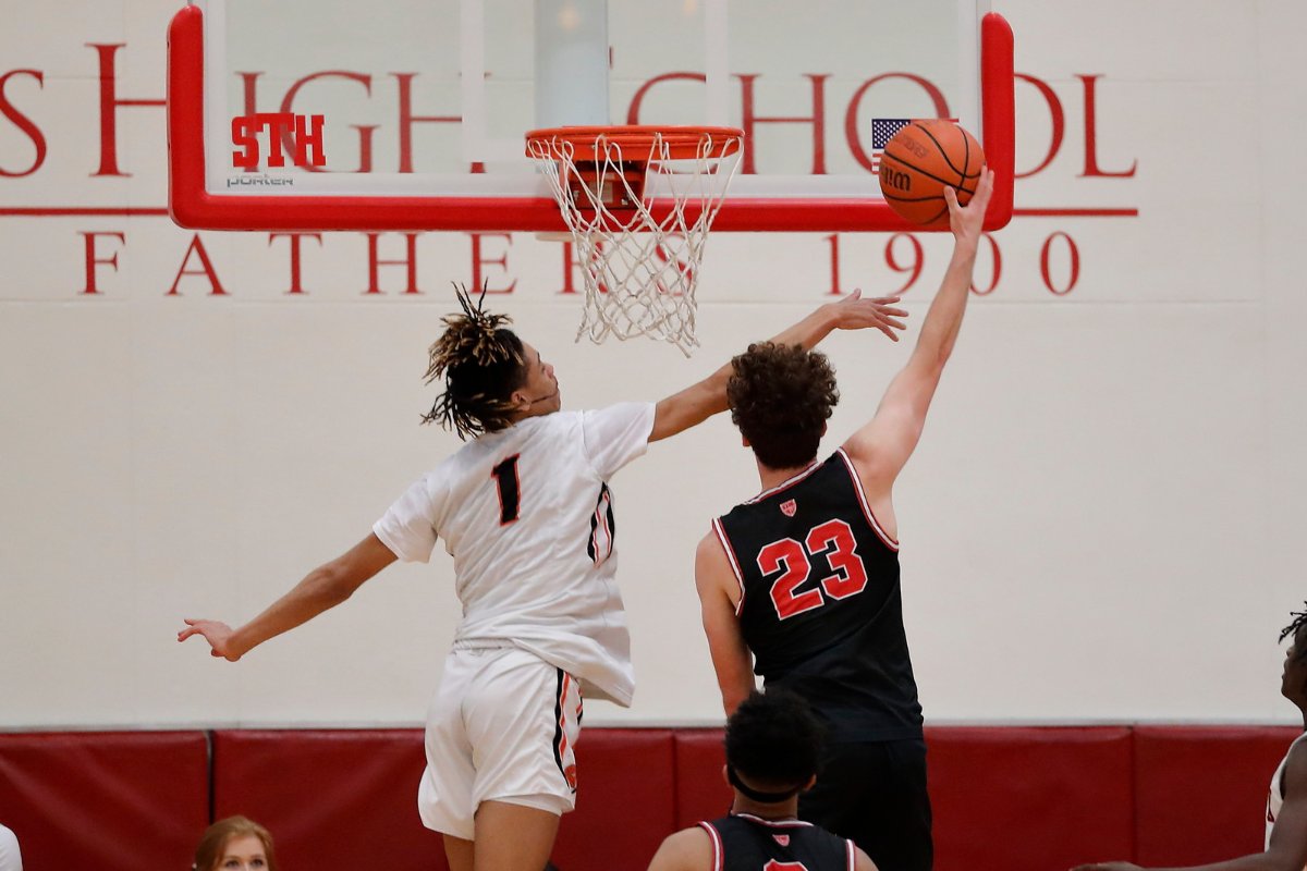Two students playing basketball